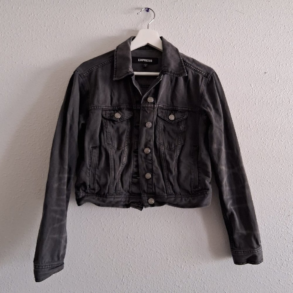EXPRESS Cropped Dark Grey Denim Distressed Jean Jacket XS